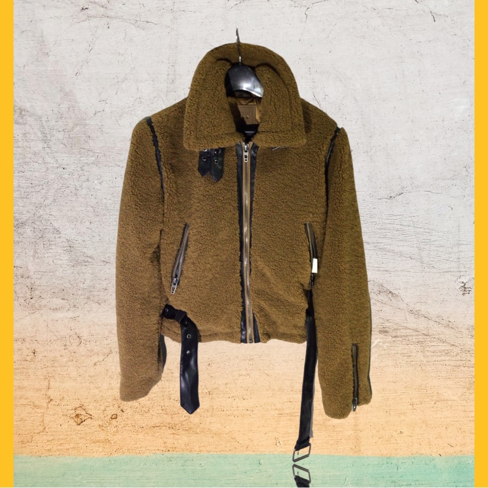 Brown Shearling Jacket with Black Accents